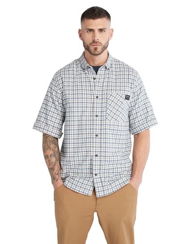 Timberland Adult Woodfort Short-sleeve Lightweight Flannel Flex Work Utility Button Down Shirt - Blue