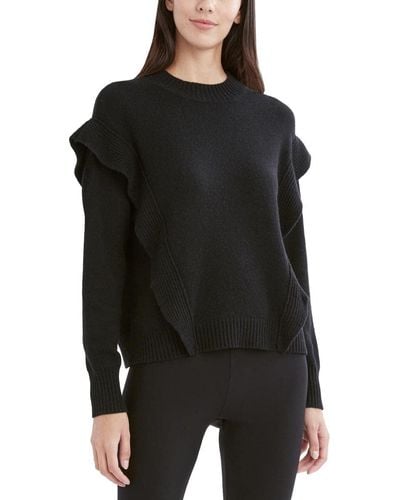 BCBGMAXAZRIA Long Sleeve Turtleneck Sweater With Asymmetrical Fringe Hem - Black
