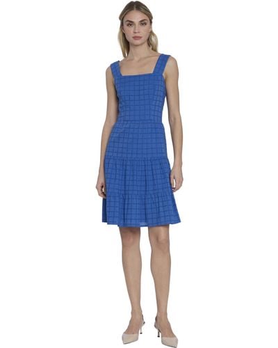 Maggy London Sleeveless Square Neck Tiered Skirt Short Casual Summer Dresses For - Blue