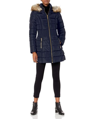 Laundry by Shelli Segal 3/4 Puffer With Zig Zag Cinched Waist And Faux Fur Trim Hood Jacket - Blue