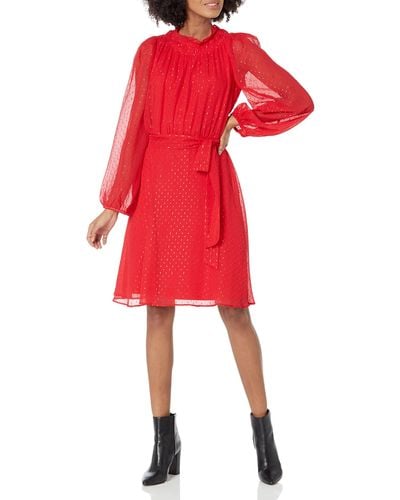 DKNY Balloon Sleeve Ruffled W/belt Dress - Red
