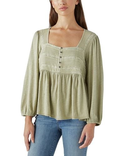 Lucky Brand Embroidered Yoke Long Sleeve Peasant Top - Green