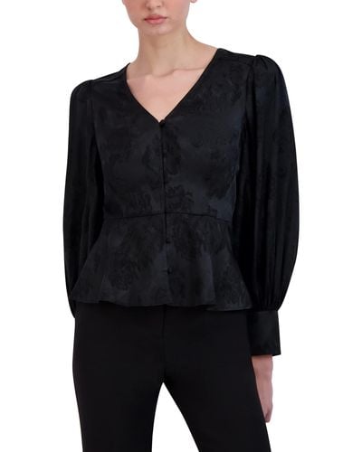 BCBGMAXAZRIA Long Sleeve Peplum Top V Neck Button Front Shirt - Black