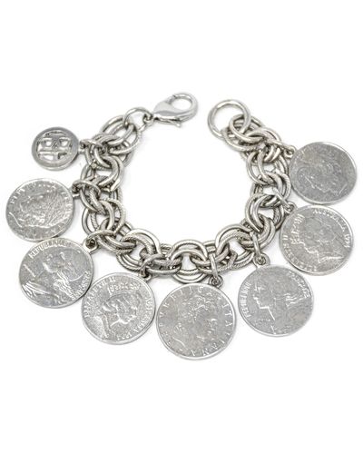 Ben-Amun Simulated Rhodium Plated French Coins Charms Bohemian Bracelet 7 Inch - Metallic