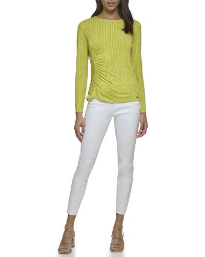 Calvin Klein Trendy Matte Jersey Printed Ruched Sides Long Sleeve - Yellow