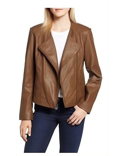 Cole Haan Fully Lined Wing Collar Leather Coat - Brown