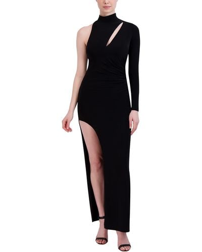 BCBGMAXAZRIA Bodycon Floor Length Evening Gown One Long Sleeve Mock Neck Shirred Cut Out Side Slit - Black