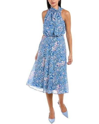 Adrianna Papell Floral Printed Tie Neck Midi Dress - Blue