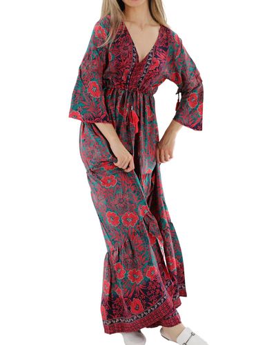 La Fiorentina Floral Print Flowy Long Dress - Red
