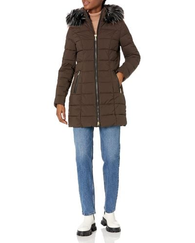 Laundry by Shelli Segal Stretch 3/4 Puffer Jacket With Faux Fur Striped Hood - Brown