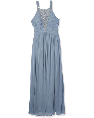 Adrianna Papell Shirred Stretch Tulle Halter Long Dress - Blue