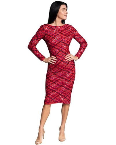Dress the Population Emery Long Sleeve Round Neck Low Back Bodycon Midi Dress - Red