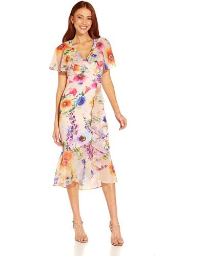 Adrianna Papell Floral Faux Wrap Ruffle Dress - Pink