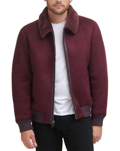 DKNY Shearling Bomber Jacket With Faux Fur Collar - Red
