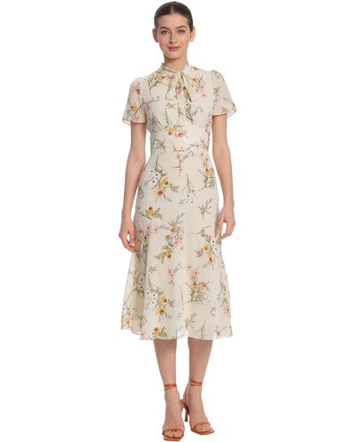 Maggy London Floral Printed Neck Tie Short Sleeve Midi Dress - White