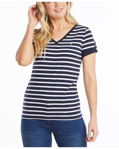 Nautica T- Shirt en Coton Stretch Ultra Doux à Rayures et col en V Facile à Confort - Bleu