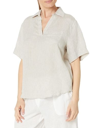 Rafaella Split Neck Short Sleeve Linen Top - White