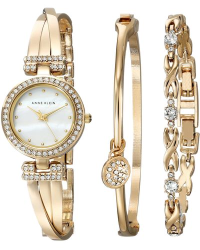 Anne Klein Premium Crystal Accented Bangle Watch And Bracelet Set - Metallic