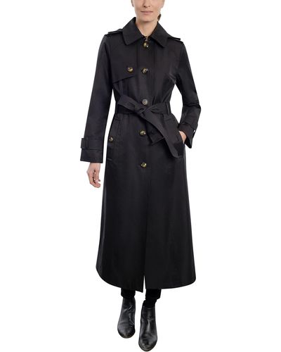 London Fog Single Breasted Long Trench Coat With Epaulettes And Belt - Black