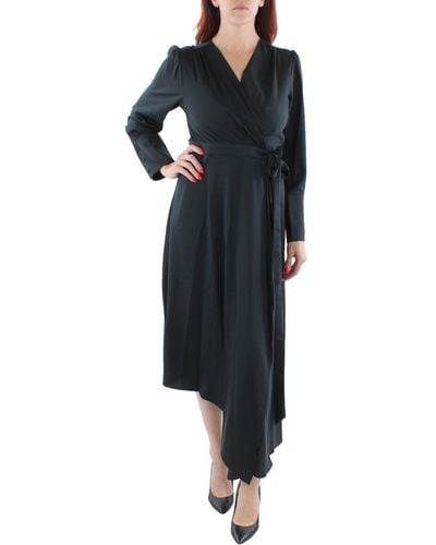 BCBGMAXAZRIA Fit And Flare Long Sleeve Asymmetrical Surplice Wrap Midi Dress With Tie Belt - Black