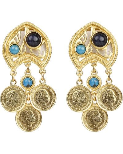 Ben-Amun Mediterranean Earrings With Three Coin Drops Gold Earrings Clip On - Metallic