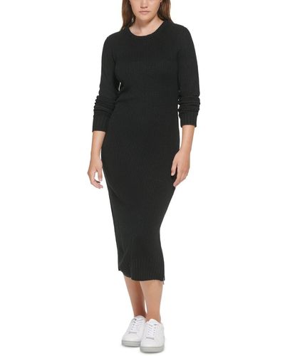 Calvin Klein Everyday Long Sleeve Crew Neck Dress With Side Slit Zipper Sweater - Black