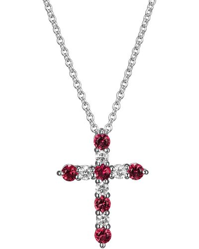 Amazon Essentials Platinum Over Sterling Silver Created Ruby And 1/8th Carat Total Weight Lab Grown Diamond Cross Necklace - Metallic