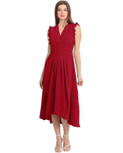 Maggy London V-neck Hi-lo Midi Dress With Gathered Waist And Ruffle Details