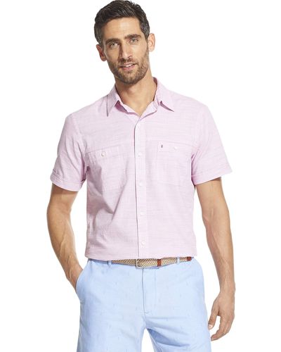 Izod Saltwater Dockside Chambray Short Sleeve Button Down Solid Shirt - Multicolor