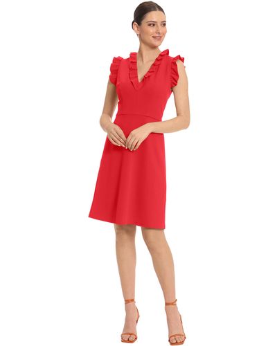 Maggy London V-neck Dress With Ruffle Details - Red