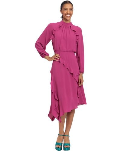 Donna Morgan Mock Neck Multi Ruffle Long Sleeve Dress - Pink