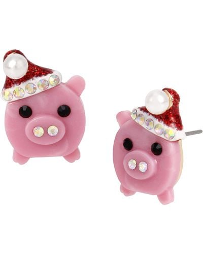 Betsey Johnson Betsey Santa Pig Stud Earrings - Pink
