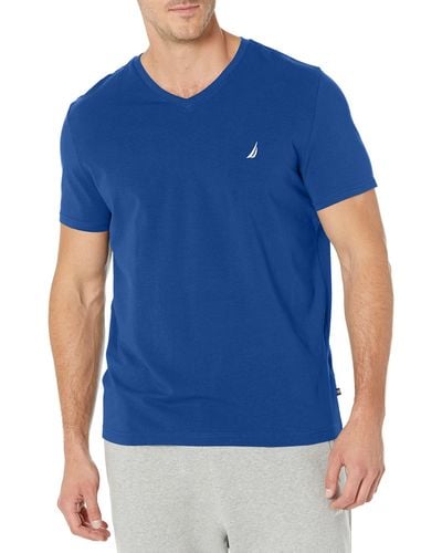Nautica T- Shirt uni à ches Courtes et col en V - Bleu