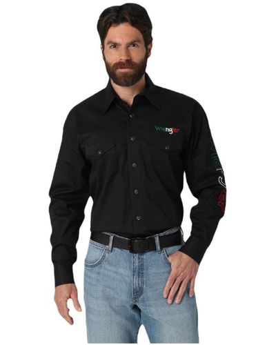 Wrangler Tall Size Western Logo Two Pocket Long Sleeve Button Shirt - Black