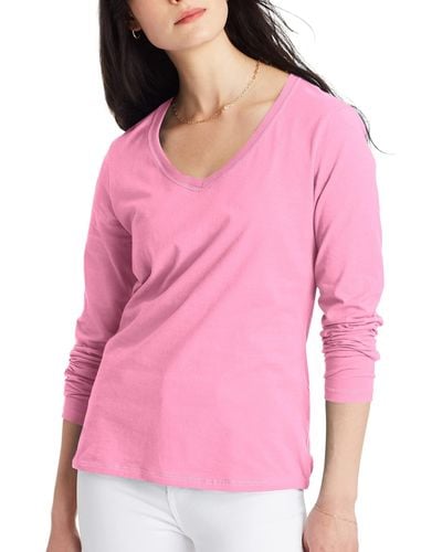 Hanes Womens V-neck Long Sleeve Tee Shirt - Pink