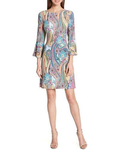 Tommy Hilfiger Petite Round Neck Printed Bell Sleeve Dress - Blue