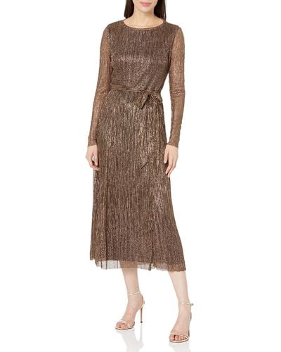 Anne Klein Lurex Bias Stripe Velvet Belted Maxi Dress - Brown