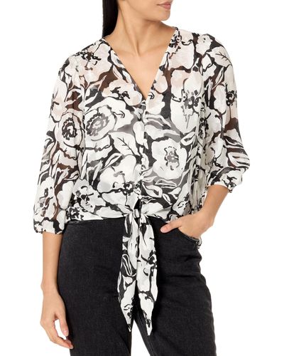 Adrianna Papell Printed V-neck Long Sleeve Top W/tie Front - Black