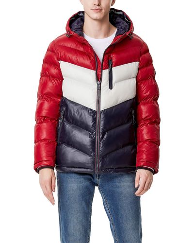 Tommy Hilfiger Midweight Chevron Quilted Performance Hooded Puffer Jacket - Blue
