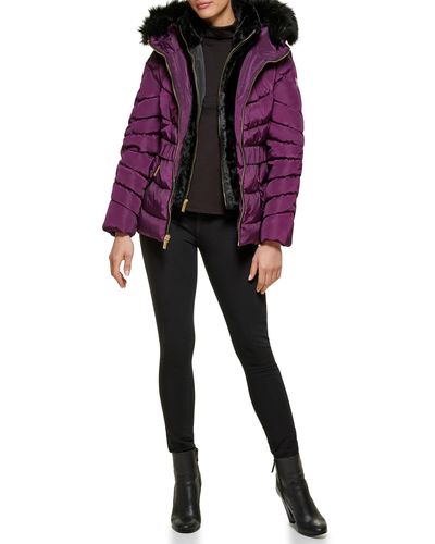 Guess Fur Lined Hood Cold Weather Puffer Coat - Purple