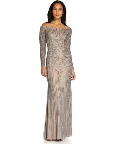 Adrianna Papell Beaded Off Shoulder Gown - Natural