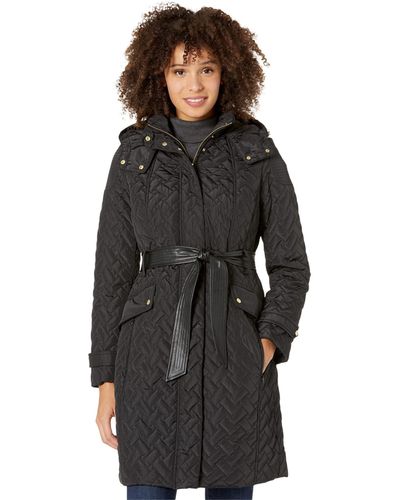 Cole Haan Faux Leather Belted Quilted Signature Coat - Black