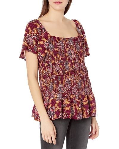 Jessica Simpson Marie Flutter Sleeve Smocked Blouse - Red