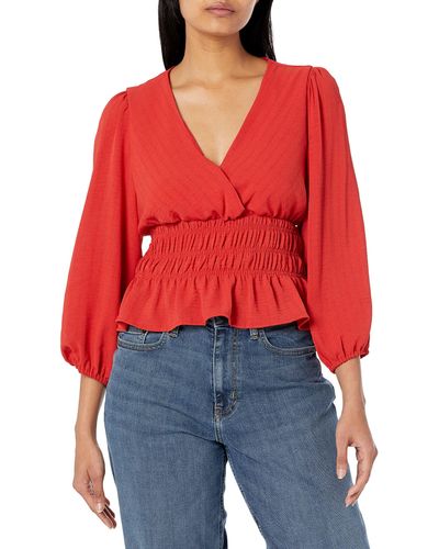 BCBGeneration Fit And Flare Top 3/4 Puff Sleeve Smocked Waist Surplice Neck Shirt - Red