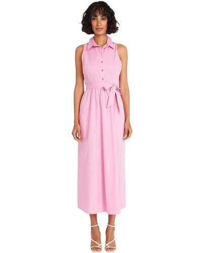 Maggy London Plus Size Collared Neck Midi A-line Pockets And Button Placket | Casual Dresses For - Pink