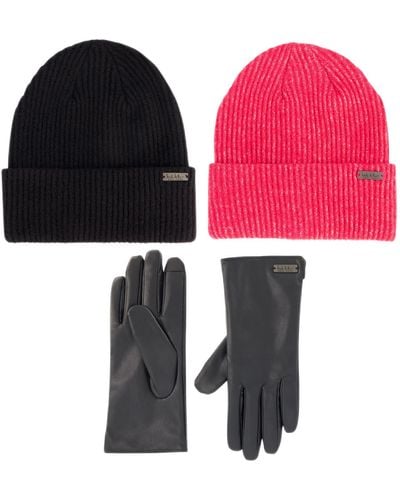 Nicole Miller Set For Pack Of 2 Winter Beanie Hats Soft & Faux Leather Gloves - Black