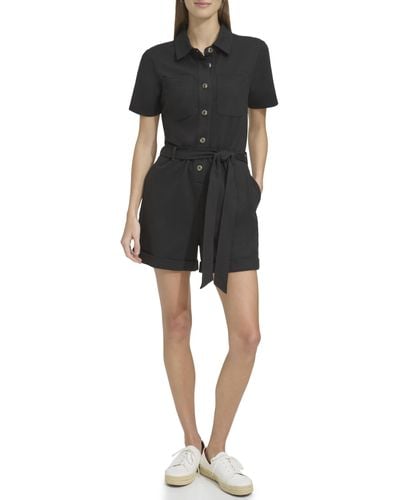 Andrew Marc Sport Short Sleeve Button Front Stretch Knit Utility Romper - Black