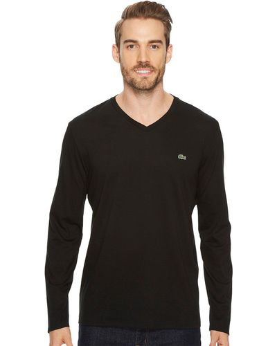 Lacoste Mens Long Sleeve Jersey Pima V-neck T-shirt T Shirt - Black