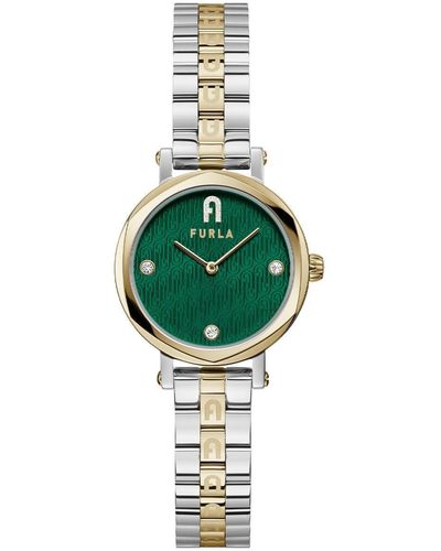 Furla Petite Shape Silver Tone/gold Tone Stainless Steel Bracelet Watch - Green