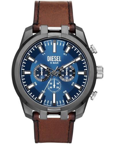 DIESEL 51mm Split Quartz Stainless Steel And Leather Chronograph Watch - Blue